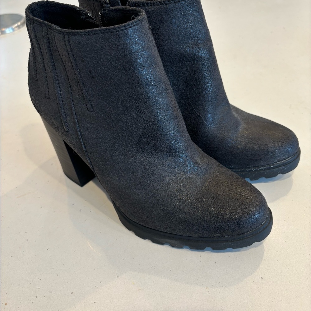 Tall Blowfish booties with soft lining, chunky heels, and slight shimmer